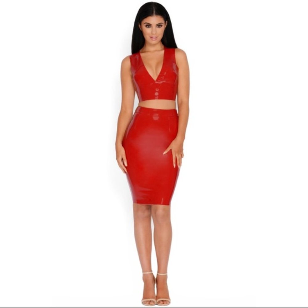 Red Vinyl Two Piece Skirt Set